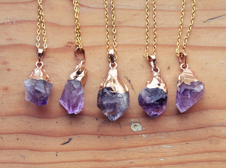 Gold Dipped Raw Amethyst Crystal Drop Necklace - Rough Clear Pastel Purple Spike Point Cluster Gold Plated Chain, Natural Layering 