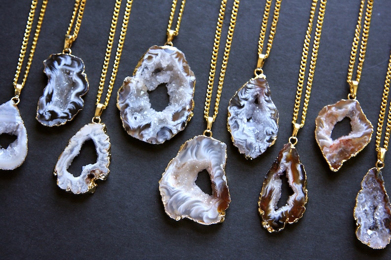 Gold Coated Agate Slice Pendant Necklaces Natural Quartz Stone Gemstone Raw Rough Druzy Crystal Small Colourful Colorful Black White Brown image 1