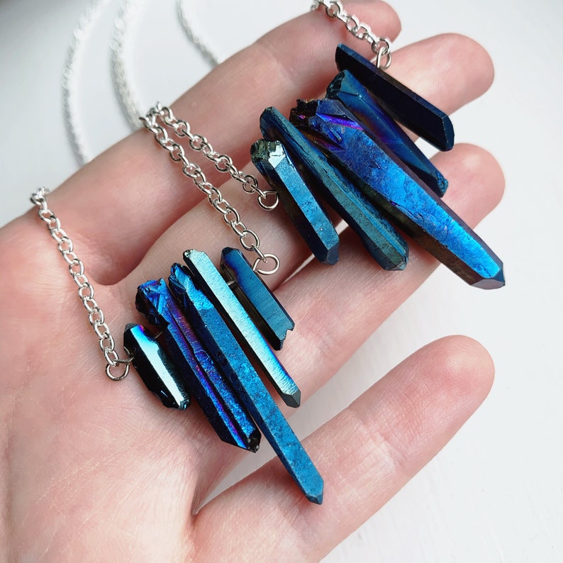 Electric Blue Raw Aura Quartz Spike Necklace Rainbow Rough Etsy