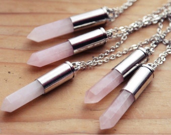 Silver Rose Quartz Bullet Crystal Necklace - Point Casing Case Sterling Plated Chain, Pink Natural Raw Crystal Drop Spike Spikes Polished