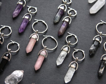 Crystal Pendulum Hoop Earrings - Silver Stainless Steel Statement Point with Rose White Quartz Amethyst Obsidian Labradorite Gemstone