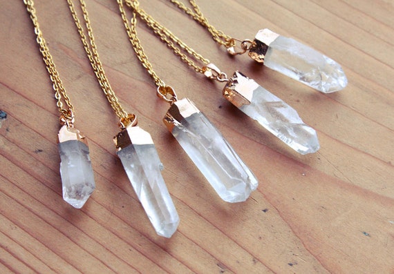 Clear Crystal Point Pendant Quartz Necklace LR20 Raw Gemstone Gold Plated 