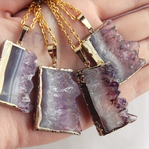 Druzy Gold Amethyst Slice Crystal Necklace Natural Raw Chunky Stone Gemstone Semi Precious Purple Pendant Gold Plated Dipped Coated Piece image 2