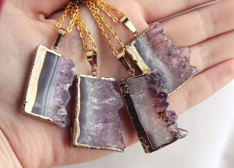 Druzy Gold Amethyst Slice Crystal Necklace Natural Raw Chunky Stone Gemstone Semi Precious Purple Pendant Gold Plated Dipped Coated Piece image 2