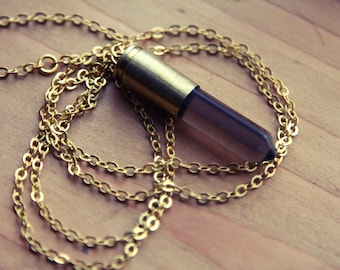 Gold Smoky Quartz Bullet Point Crystal Necklace - Natural Brown Raw Spike Points Drop Pendant Case Casing on Gold Plated Chain