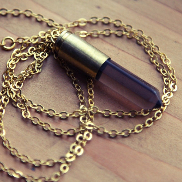 Gold Smoky Quartz Bullet Point Crystal Necklace - Natural Brown Raw Spike Points Drop Pendant Case Casing on Gold Plated Chain