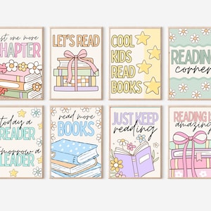 May include: A set of eight rectangular wall art prints featuring pastel-colored illustrations of books, flowers, and stars. The prints include text such as Just one more chapter, Let's read, Cool kids read books, Reading corner, Today a reader tomorrow a leader, Read more books, Just keep reading, and Reading is amazing.