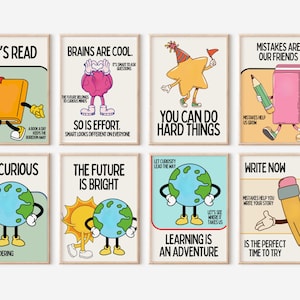 Set of 8 Retro Character Classroom Poster Set | Growth Mindset Classroom Decor | Cute School Wall Art | Printable Teacher Posters | Download