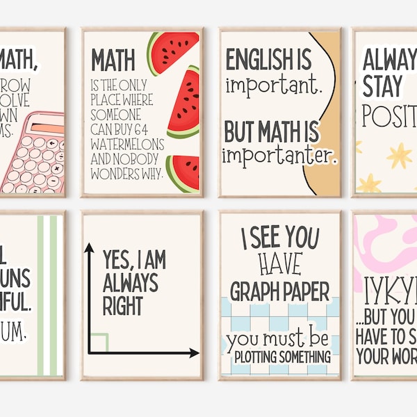 Set of 8 Fun Math Classroom Posters | Fun Math Wall Decor | Math Classroom Decor | Growth Mindset Math Prints | Digital Download