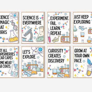 May include: A set of eight rectangular wall art prints featuring science-themed illustrations and text. Each print displays colourful laboratory equipment like beakers, test tubes, and microscopes, alongside molecular structures and motivational phrases.