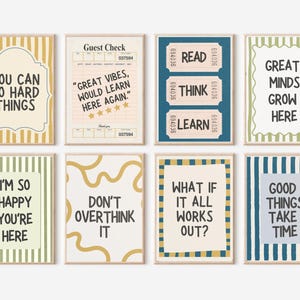 Könnte beinhalten: Ein Set aus acht rechteckigen Wandkunstdrucken mit verschiedenen motivierenden Zitaten und Designs. Die Drucke enthalten Texte wie You Can Do Hard Things, Great Vibes, Read Think Learn, Great Minds Grow Here, I'm So Happy You're Here, Don't Overthink It, What If It All Works Out und Good Things Take Time.