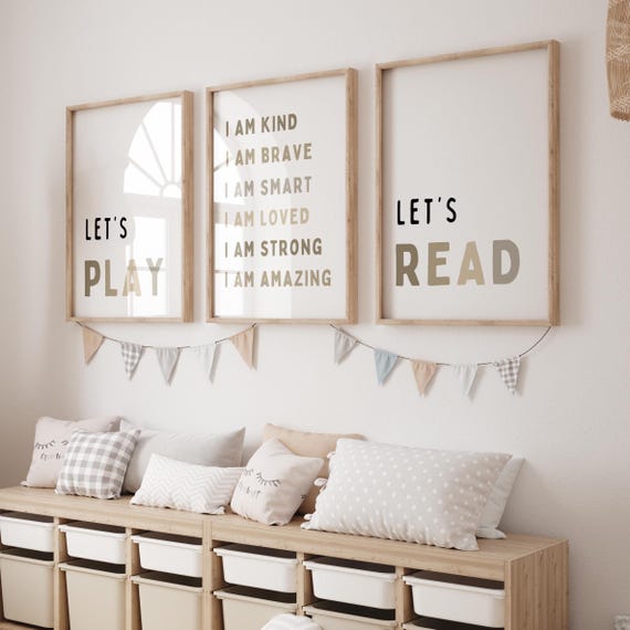 Neutral Playroom Wall Art | Set of 3 “Let’s Play” Prints | Modern Boho Kids Room Decor | Digital Download | Gender-Neutral Nursery Prints
