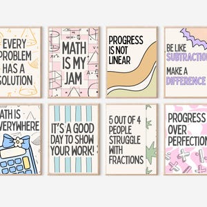 May include: A set of eight rectangular wall art prints featuring math-themed motivational quotes and illustrations. The designs include text like Every Problem Has A Solution, Math Is My Jam, Progress Is Not Linear, and Progress Over Perfection.