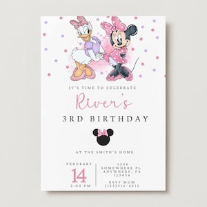 Bearbeitbare Maus Geburtstag einladen, Ente und Maus Geburtstag, Rosa und Lila Geburtstagseinladung, Clubhaus Geburtstagseinladung