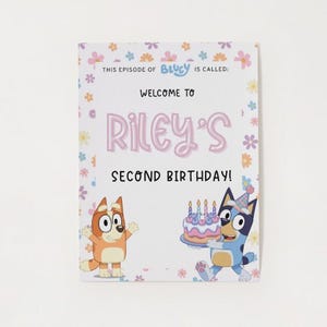 Letrero de bienvenida de cumpleaños con personaje de perro azul editable, cumpleaños de perro, perro azul y naranja