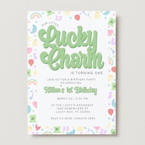 Invitación editable para fiesta de cumpleaños con amuleto de la suerte, invitación de cumpleaños del día de San Patricio, invitación de cumpleaños para el afortunado, invitación de cumpleaños para bebé