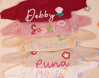 Top Pick Benutzerdefinierte Name Baby Pullover, personalisierte Hand gestickt Name Baby Pullover, Einzigartiger Baby Pullover, Baby Jungen Name Pullover, Baby Geschenk