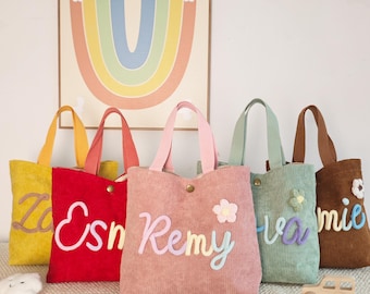 Sac fourre-tout personnalisé en velours côtelé pour enfants, sac à main avec nom personnalisé, sac de voyage pour tout-petit, cadeau de baby shower, cadeau de rentrée ou d'anniversaire