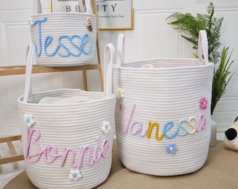 Personalized Baby Basket, Cotton Rope Nursery Basket with Flower, Custom Nursery Gift, Rope Cotton Baby Basket, Baby Shower Gift
