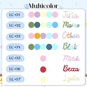 May include: A graphic displaying the word "Multicolour" at the top, with colour palettes and names below. Each palette has a corresponding name, such as "Julia" and "Mateo". The colour palettes include pink, purple, yellow, blue, green, and red.