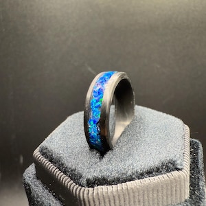 Carbon Fiber Ring with Crushed Opal Inlay, Blue Opal Design, Handcrafted Lightweight Band, Men&#39;s Ring, Anniversary Gift