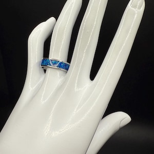 Handcrafted Stainless Steel Ring, Blue Crushed Opal Inlay, Unique Band, Gift for Her, Gift for Him, Statement Jewelry