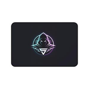 May include: Black rectangular mousepad featuring a stylized graphic of a hooded figure within a circle. The figure is white with teal and purple accents. The logo includes a stylized "S" shape.