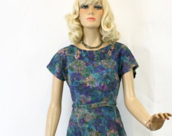 Vintage Day Dress Blue  Chiffon Taffeta Print Sheath Dress Bust 38"