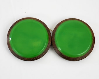 Vintage  Deco Belt Buckle Large Round Wood w Green Celluloid Center Buckles