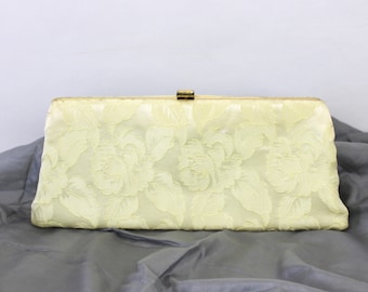 60s Formal Clutch Purse Ivory White Brocade Wedding Prom Party Handbag