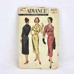 May include: Vintage sewing pattern envelope for a dress, featuring three women in different styles. The pattern is called "Advance" and the number is 8503, size 16. The text "...The Easy Printed Pattern!" is also visible.