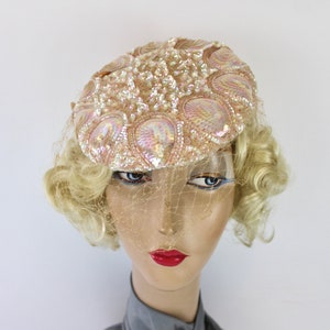 50s Pink Sequin Hat Sculptured w Iridescent Sequins Veil Tilt Formal Hat image 1