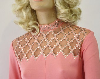 Vintage Formal Dress Coral Pink Sheer Cutwork w Rhinestones  Size Small Bust 34