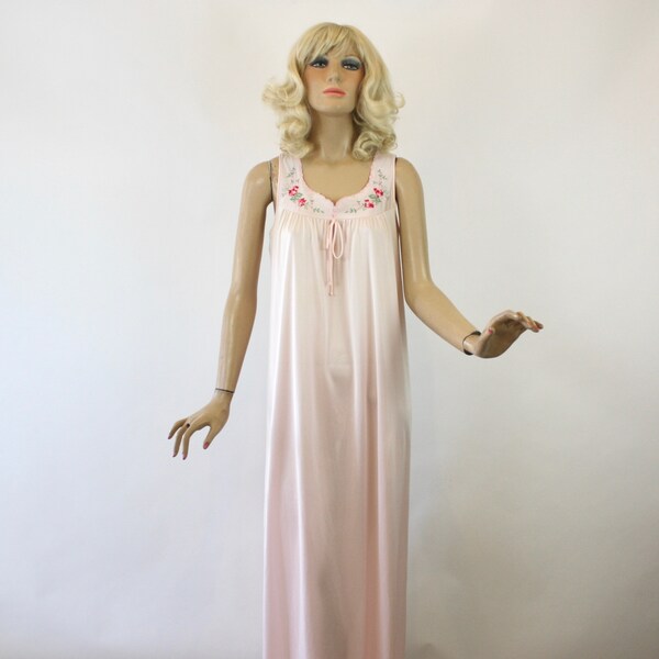 70s Lorraine NightGown Long Silky Pink Nylon w Embroidered Flowers Size Small Bust 38