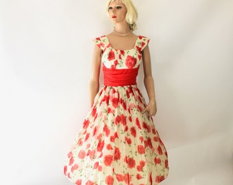 Vintage 50s Prom Dress Formal White Chiffon w Red Roses Full Skirt Bust 36