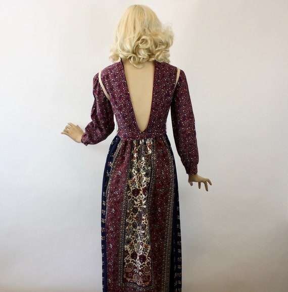 70s Prairie  Maxi Dress Burgundy Calico Cotton   … - image 9