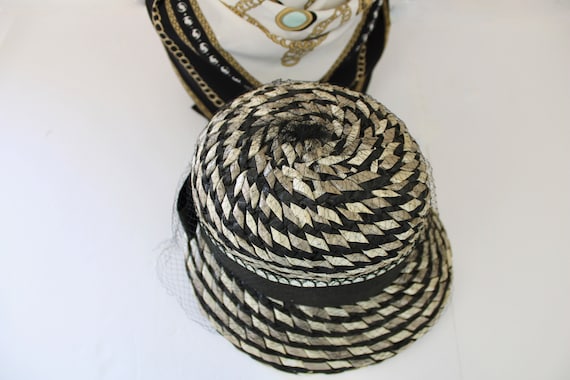 60s Straw Veil Hat Black Gray White Fedora Straw … - image 9