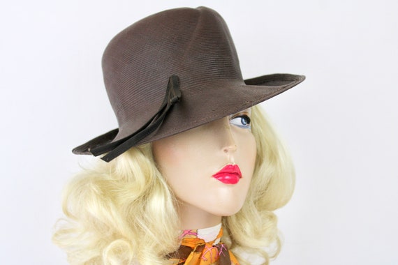 60s Fedora Hat Brown Fine Straw Vintage Tilt Hat … - image 4