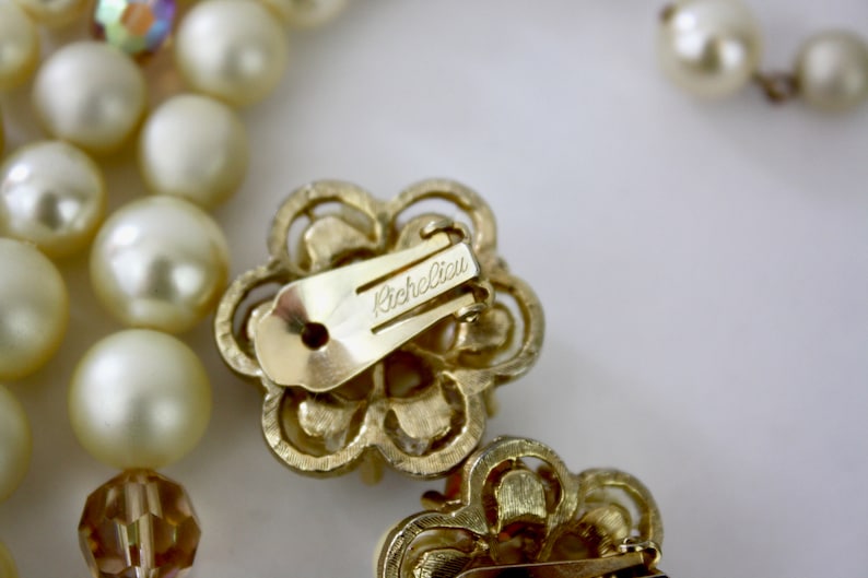 Vintage 60s Choker Earrings Richelieu 3 Strand Graduating Pearl AB Crystal Beads Goldtone Metal Clip on Earrings Signed