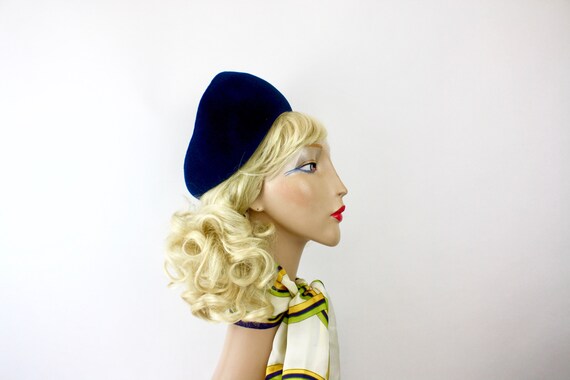 60s Pill Box Hat Royal Blue Velour Felt  Wide Bri… - image 7