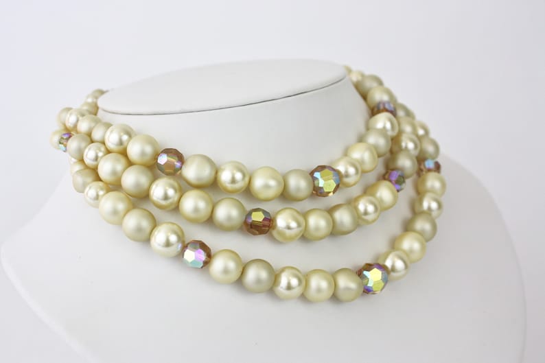 Vintage 60s Choker Earrings Richelieu 3 Strand Graduating Pearl AB Crystal Beads Goldtone Metal Clip on Earrings Signed
