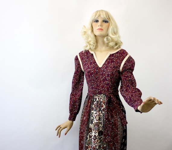 70s Prairie  Maxi Dress Burgundy Calico Cotton   … - image 2