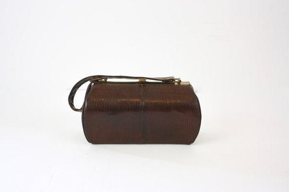 50s  Box Purse Small Brown Lizard Skin Barrel Sha… - image 2