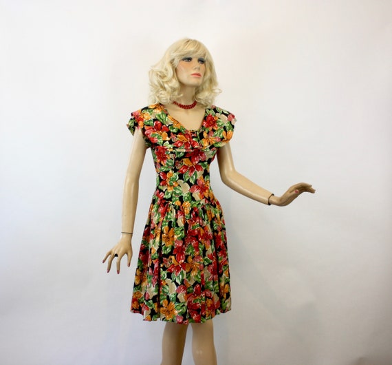 Vintage Day Dress NOS   Black Cotton Floral Dress… - image 5