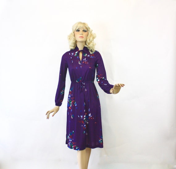70s Day Dress Silky Purple Floral Print Secretary