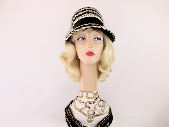 60s Straw Veil Hat Black Gray White Fedora Straw … - image 5