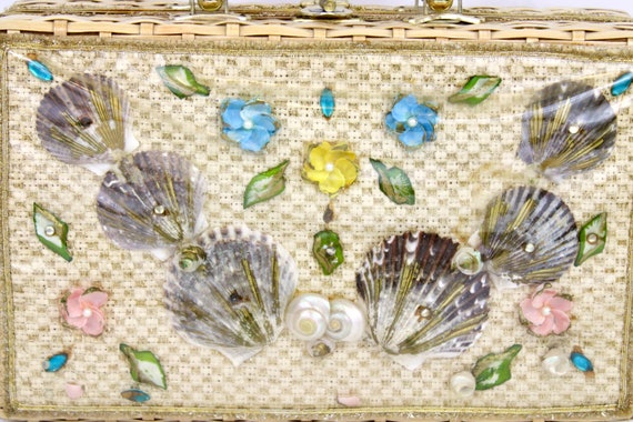 50s Wicker Box Purse Rectangle w Colorful Sea She… - image 4