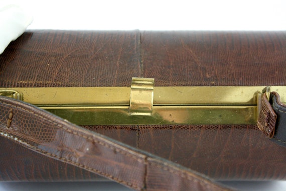 50s  Box Purse Small Brown Lizard Skin Barrel Sha… - image 8