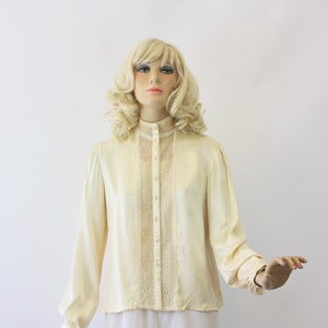 70s Jessica McClintock Gunnies Victorian Blouse Ivory Satin & Lace Size M Bust 38