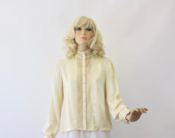 70s Jessica McClintock Gunnies Victorian Blouse Ivory Satin & Lace Size M Bust 38